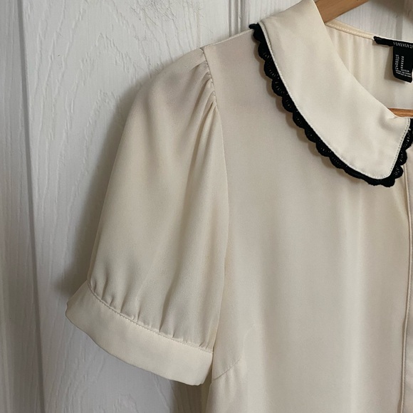 White Button Blouse with Black Lace Peter Pen Collar Schoolgirl Cosplay Coquette - Picture 6 of 12